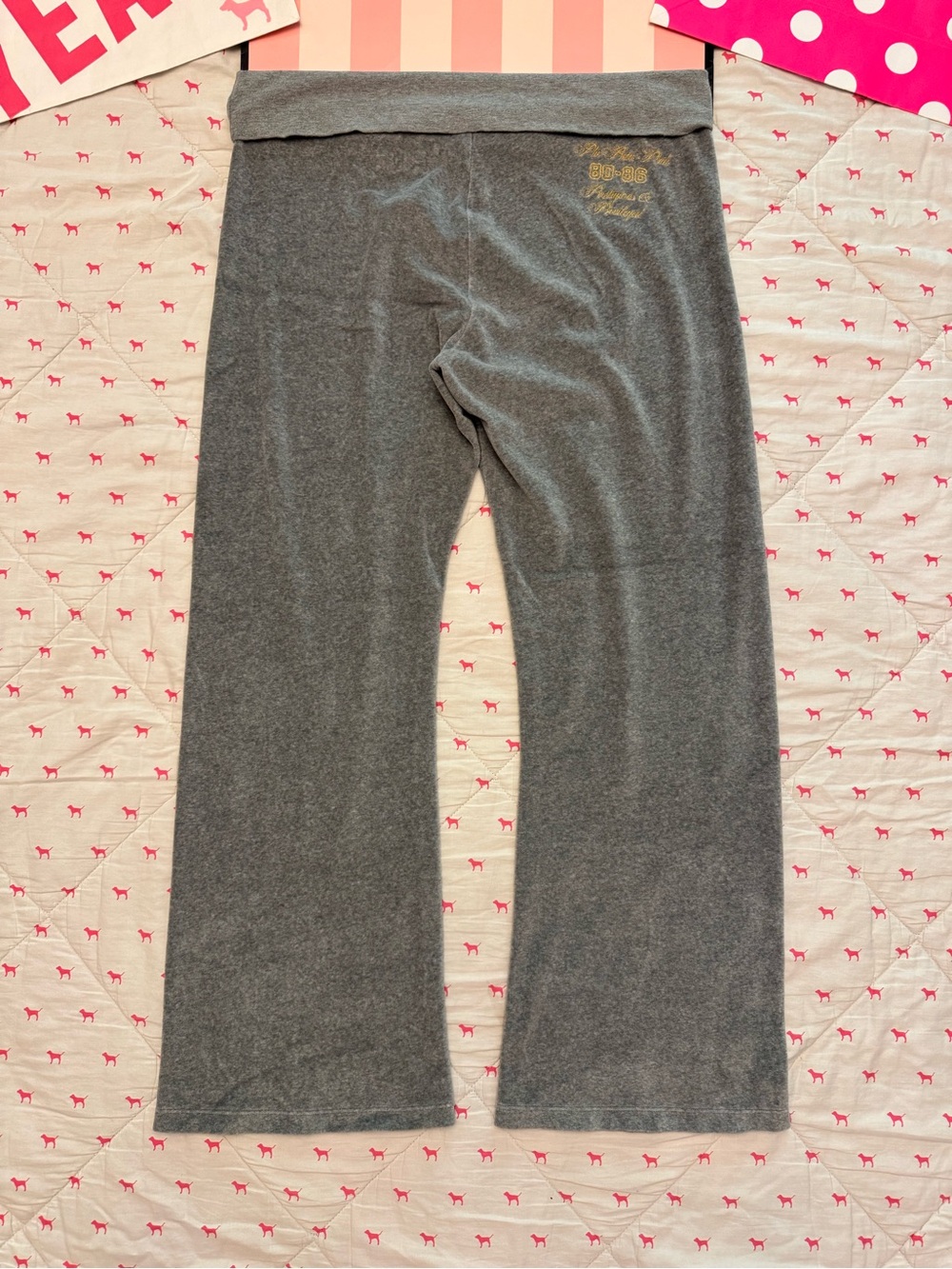 VS PINK VINTAGE Y2K FOLDOVER FLARE PANTS GRAY PHI BETA PRIVILEGED 86 LOGO RARE
